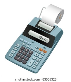 Realistic illustration of an electronic calculator with paper roll. Isolated on white