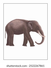 Uma ilustração realista de um elefante com um tronco curvo longo e grandes presas, colocado contra um pano de fundo branco plano, mostrando sua pele texturizada.