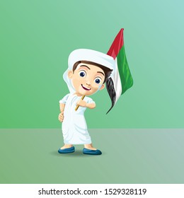 realistic illustration of emarati kid in traditional dress holding flag , uae national day