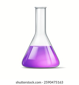 Realistic illustration of an Erlenmeyer flask containing a vibrant purple liquid. This scientific glassware is essential in chemical labs for various experiments and reactions.