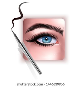 Realistic illustration of eye applying eyeliner close up, woman applies eyeliner, Vector EPS 10 illustration