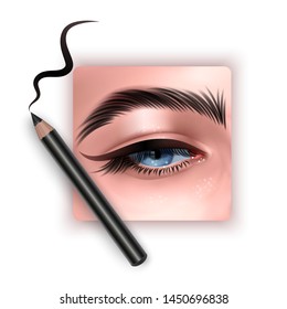 Realistic illustration of eye applying eyeliner close up, woman applies eyeliner, 3D Vector illustration