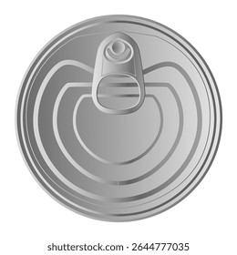 Ilustração realista com uma tampa de lata de metal fechada com um anel de guia puxado, visto de cima e isolado contra um fundo branco limpo, enfatizando seu design elegante