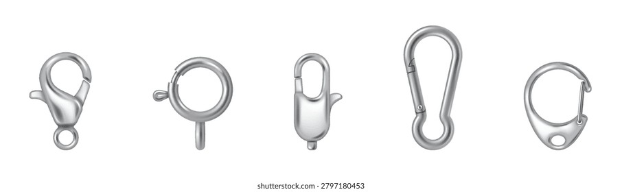 Realistic illustration of five different metal clasps for jewelry. Silver tones with distinct shapes on white background. Perfect for design and accessory projects.