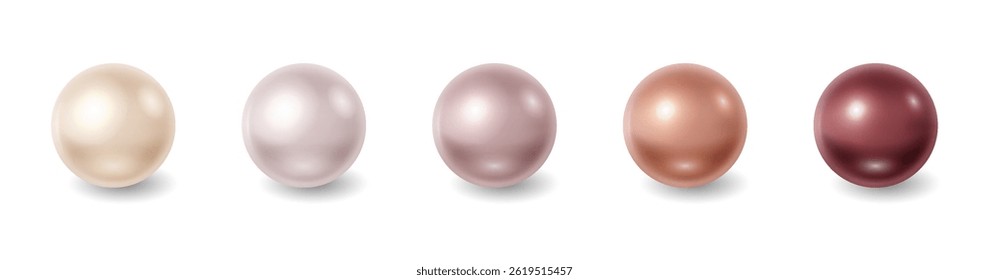 Realistic illustration of five pearls in different shades ranging from cream to maroon on white background representing luxury and elegance with copy space.