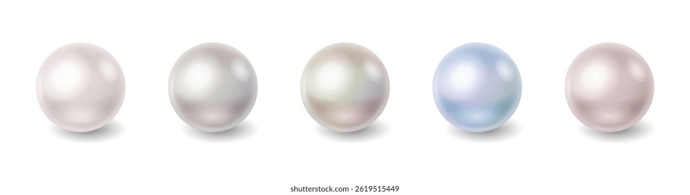 Realistic illustration of five pearls varying in color from white to blue arranged in a row representing elegance and luxury on a simple white backdrop with copy space