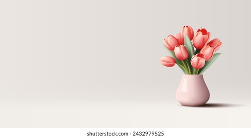 Realistic illustration of flowers tulips bouquet in a vase, pink flowers in light pot, 3d composition