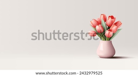 Realistic illustration of flowers tulips bouquet in a vase, pink flowers in light pot, 3d composition