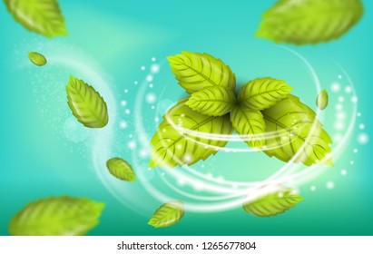 Realistic Illustration Flying Mint Leaf Vector. 3d Image Set Fresh Mint Foliage. Refreshing Effect Whitening Toothpaste with Addition Mint. Dental Remedy for Teeth Oral Cavity. on Green Background