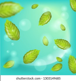 Realistic Illustration Flying Mint Leaf Vector. 3d image Fresh Mint Leaves on Green Background. Refreshing and Cool Effect Products with Addition Mint. Place for Advertising in different variations
