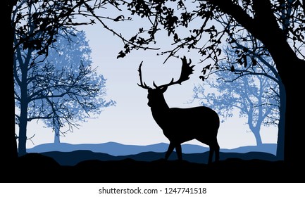 Realistic illustration of a forest with deciduous trees and deer under a blue morning sky - vector