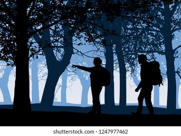Realistic illustration of a forest with deciduous trees and two tourists on a walk, men and women with backpacks on the back, under a blue sky - vector