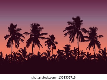 Realistic illustration of a forest of palm trees and the tops of the trees. Purple pink sky with space for text - vector