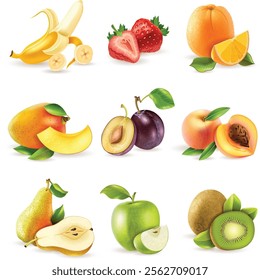 Realistic illustration of fresh fruit collection isolated on white background