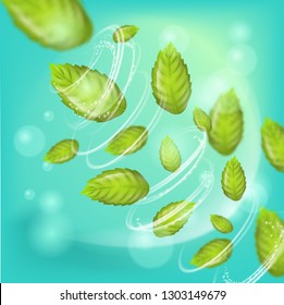 Realistic Illustration Fresh Mint Leaves on Green Background. 3d Vector image Spiral Vortex with Mint Leaves. Using Mint in various Industries and Directions. Advertising place in any variations