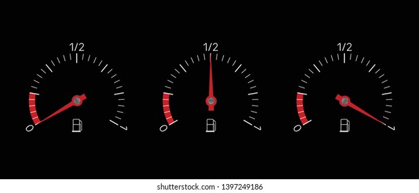 Realistic illustration of fuel indicator set with full, empty and half tank. Isolated on black background - vector