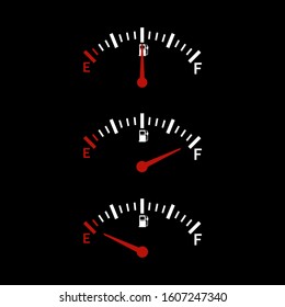 Realistic illustration of fuel indicator set with full, empty and half tank. Isolated on black background.