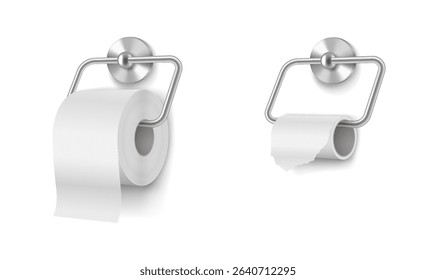 Realistic illustration of a full and an almost empty toilet paper roll. White and gray tones. Highlights bathroom essentials, paper usage, hygiene. Perfect for cleaning products.
