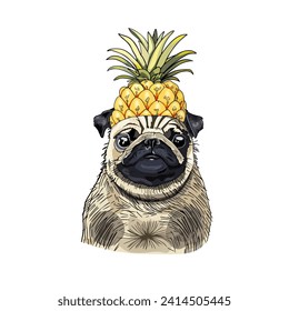 Ilustración realista de un divertido cerdo con una piña en la cabeza. Ilustración vectorial. Pon un fondo blanco. Para imprimir, embalar, postales, diseñadores, ropa, interiores, insignias