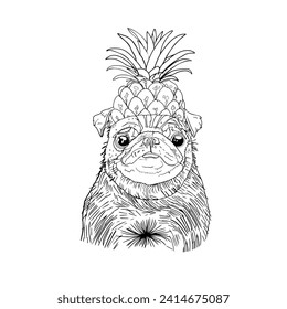 Realistic illustration of a funny pug with a pineapple on his head. Vector illustration. Pug on a white background. For printing, packaging, postcards, designers, clothing, interior, badges