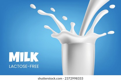 Ilustración realista de un vaso lleno de leche libre de lactosa fresca y saludable. La leche fluye al vidrio con gotas voladoras. Para promover los productos lácteos de forma natural y orgánica. No se genera IA.