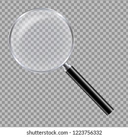 Realistic illustration of a glass magnifying glass with a black handle and a metal rim with reflections - isolated vector on a transparent background