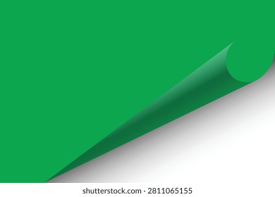 A realistic illustration of a green paper sheet with the top right corner curled over, creating a soft shadow effect on a white background.