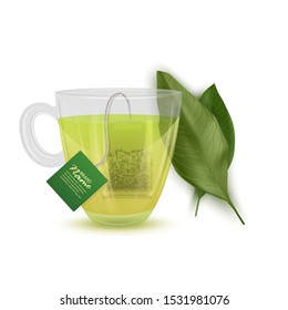 Realistic illustration of Green Tea, tea cup on white background. Vector eps 10 format