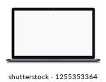 Realistic illustration of a grey laptop with blank white screen with webcam and black frame, isolated on white background - vector