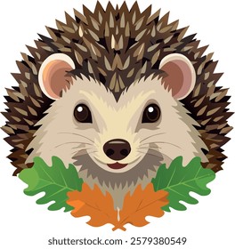 A realistic illustration of a hedgehog with detailed brown spiky quills, a cute face, and shiny eyes. It is surrounded by green and orange oak leaves, creating a cozy autumn vibe