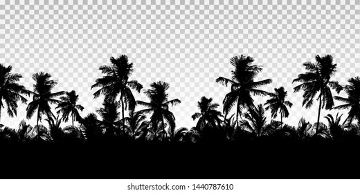 Realistic illustration of a horizon from the tops of palm trees. Black isolated on transparent background with space for your text - vector