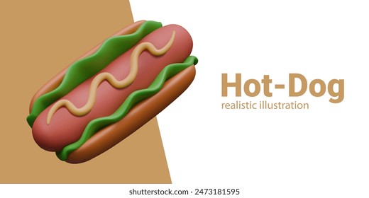 Realistic illustration of hot dog in cartoon style. Appetizing serving of hot food