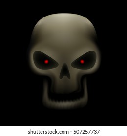 Realistic illustration of human skull with red eyes and no teeth on dark background