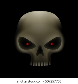 Realistic illustration of human skull with red eyes on dark background