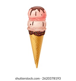 Realistic illustration of ice cream cone topped with scoops drizzled with chocolate and sprinkles. Pink and creamy colors evoke sweet sensation perfect for summer treats.