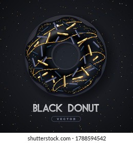 Realistic illustration of isolated black sweet donut with golden sugar sprinkle on black background. Vector