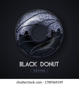 Realistic illustration of isolated black sweet donut with silver sugar sprinkle on black background. Vector