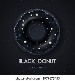 Realistic illustration of isolated black sweet donut with silver sugar sprinkle on black background. Vector