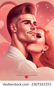  realistic illustration of kissing couple. Magazine or book cover design. Romantic concept, couple in love. Portraits of two lovers, a man and a woman, face to face. love