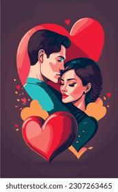  realistic illustration of kissing couple. Magazine or book cover design. Romantic concept, couple in love. Portraits of two lovers, a man and a woman, face to face. love