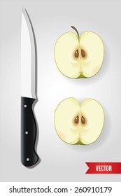 Realistic illustration of knife and two halves of green apple with seeds. Vector