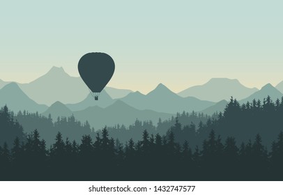 Realistic illustration of landscape with coniferous forest with pine trees under morning green sky. Flying hot air balloon. With space for your text - vector