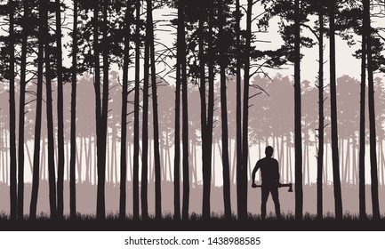 Realistic illustration of landscape with coniferous forest with pine trees under retro sky. Man with ax or lumberjack stands in grass - vector