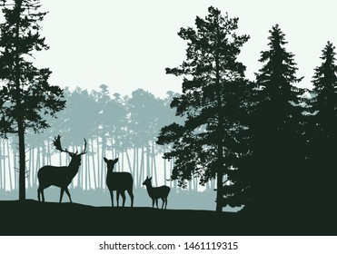 Realistic illustration of landscape with coniferous forest, deer and family, under green spring or autumn sky - vector