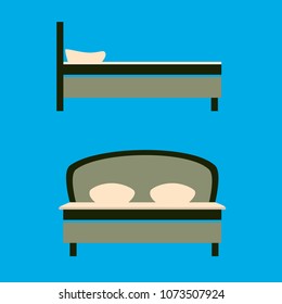 Realistic illustration of a large bed with two pillows and blanket. Front and side view on a blue background. Flat design. Vector illustration.