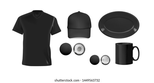 
Realistic illustration of layouts for decoration. Black T-shirt, cup, magnet, badge, plate, baseball cap. Vector realistic elements for your design.