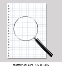 Realistic illustration of a magnifying glass with a metal rim and a black handle with reflections and a square white sheet of paper with space for text - vector