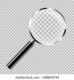 Realistic illustration of magnifying glass with metal trim with glare and black handle, isolated on transparent - vector