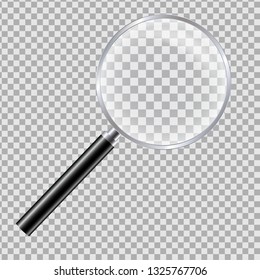 Realistic illustration of magnifying glass with reflection and black handle. Isolated on a transparent background - vector