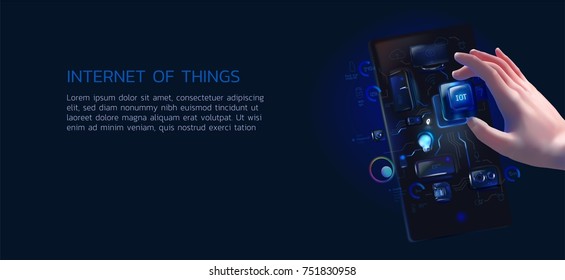 a realistic illustration of a man is holding an IoT system chip and installing them into the smartphone, a concept for the internet of things, application development, the smart home, smart life.